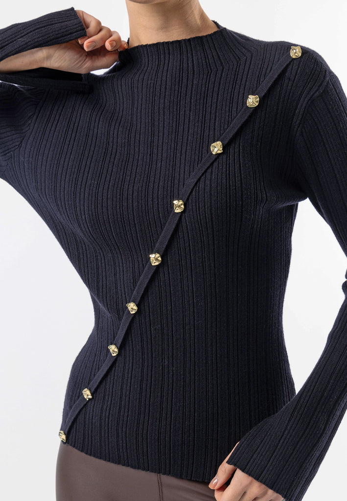 Asymmetric Gold Button Detail Top in Black ANGELEYE
