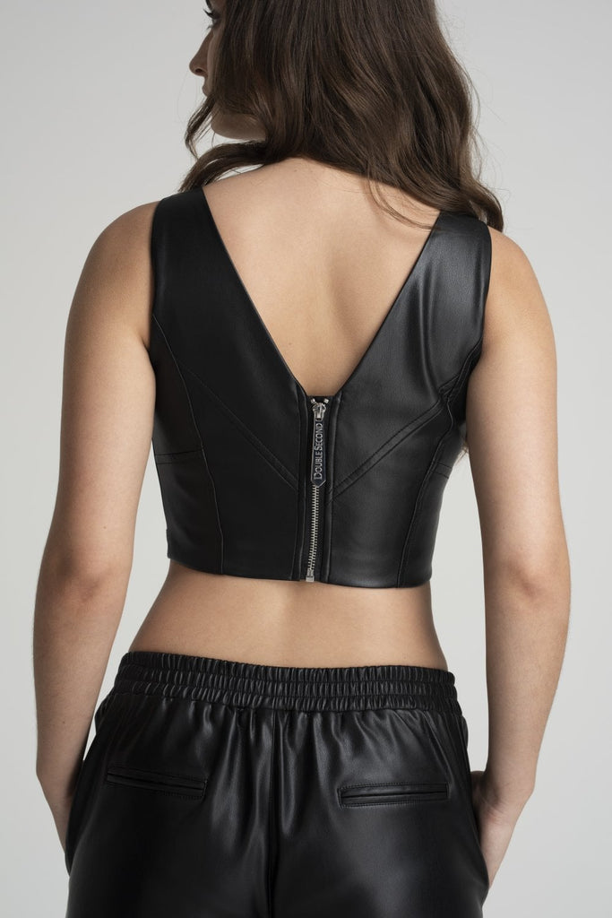 Black Vegan Leather Crop Top Double Second
