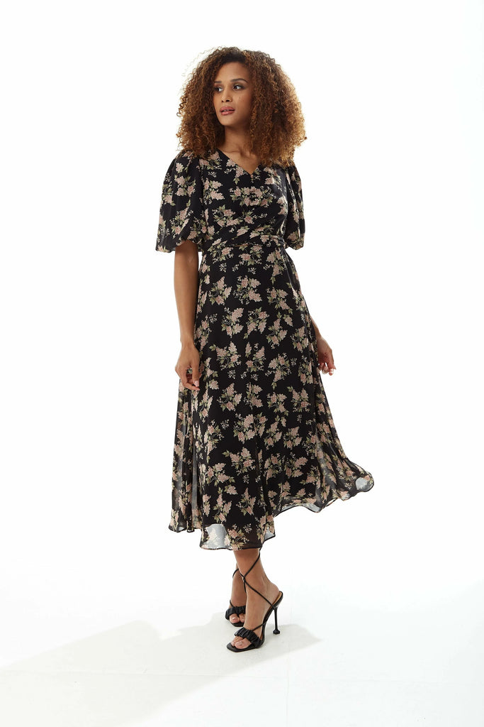 Floral Midi Dress With Tie Waist Liquorish