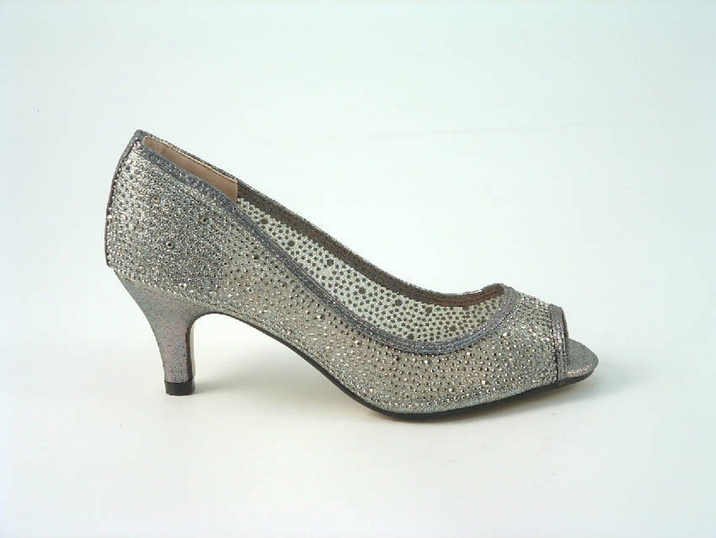 Glitz Shoes Diamante Mesh Peep Toe Court Shoe Low Mid Heel Glitz Shoes