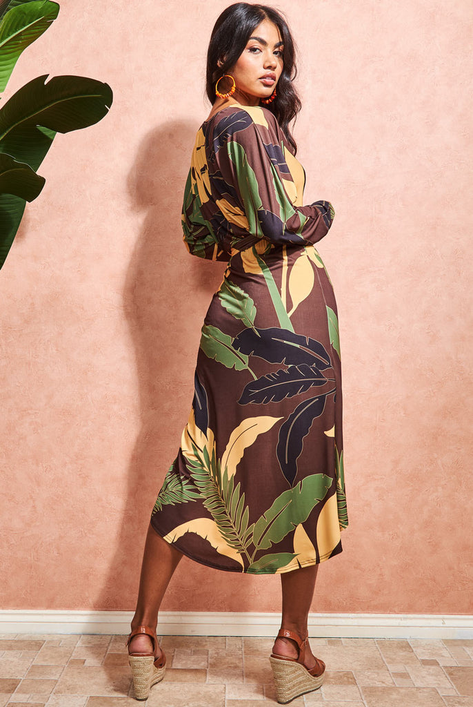 Printed Batwing Wrap Midi Dress Goddiva