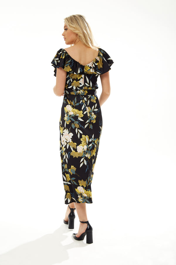 Belted Midi Dress Off Shoulder Sleeves Navy Floral Liquorish