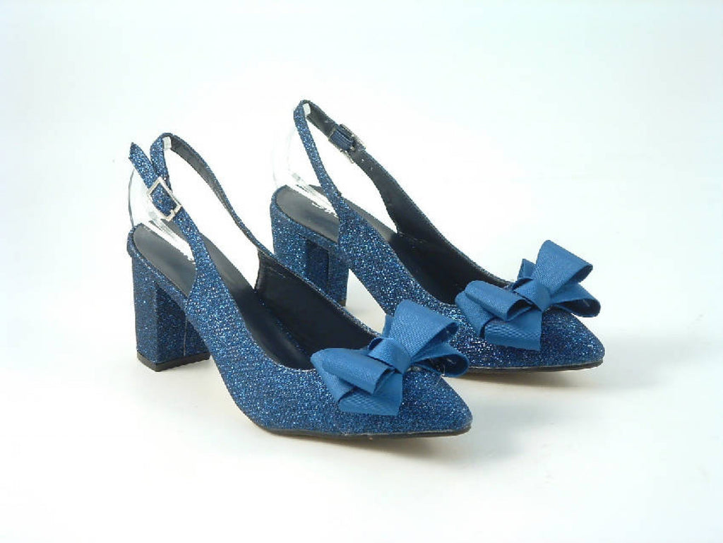 Glitz Shoes Glitter Bowed Sling Back Court Shoe With Block Heel Glitz Shoes
