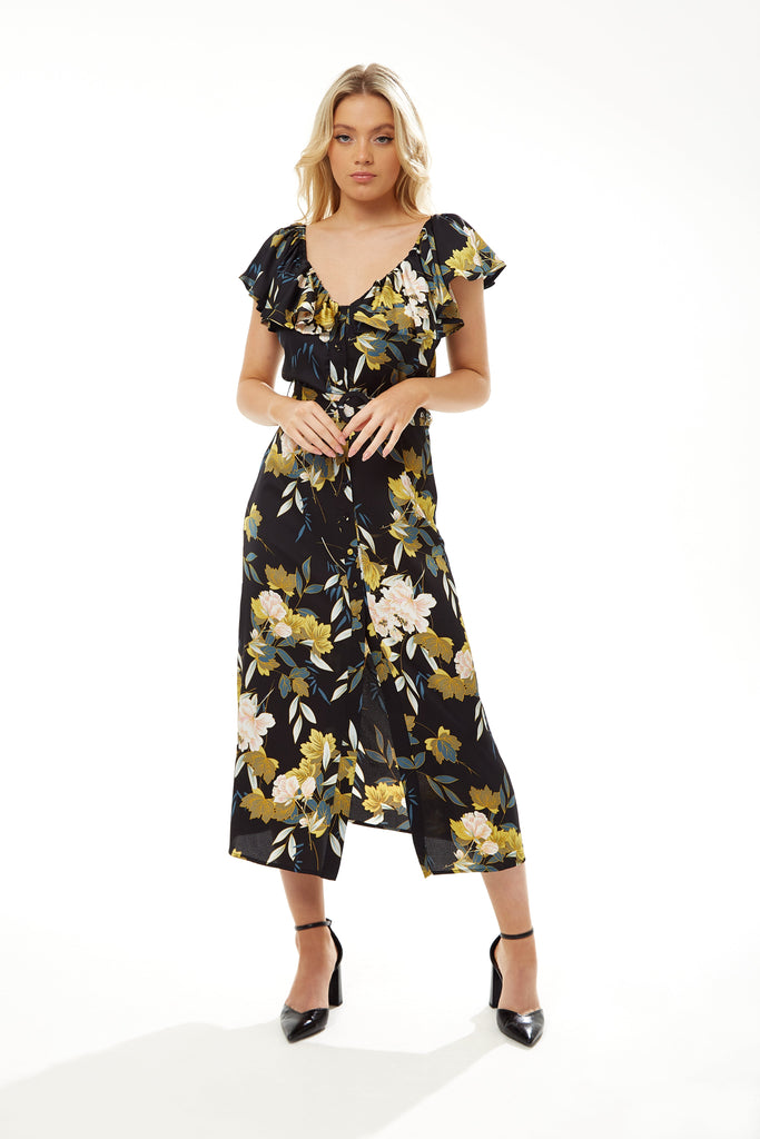 Belted Midi Dress Off Shoulder Sleeves Navy Floral Liquorish