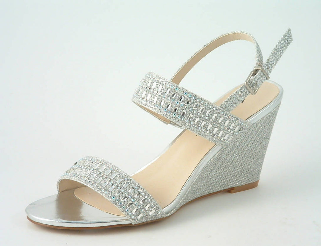 Glitz Shoes Divine Glitter Diamante Mid Wedge Heeled Sandal Glitz Shoes