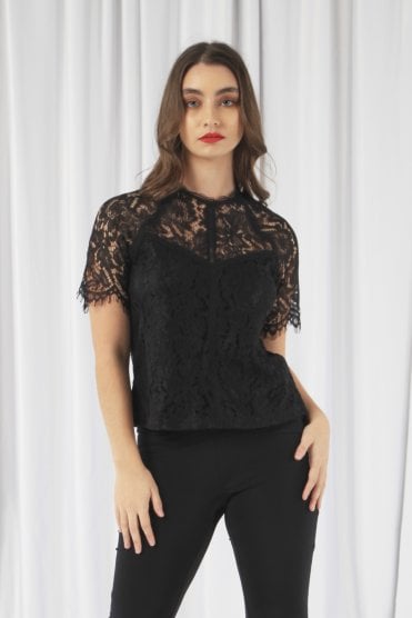 Black Raglan Sleeve Lace Top Double Second