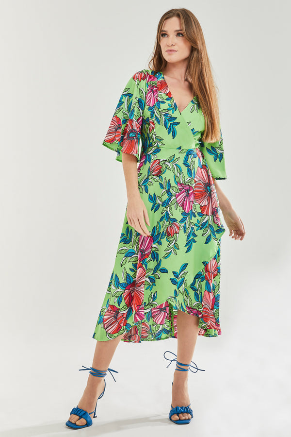 Green Floral Midi Wrap Dress Liquorish
