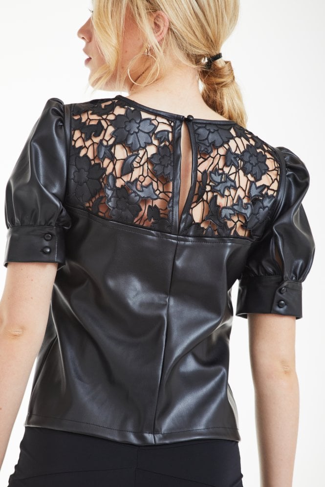 Black Vegan Leather Top With Embroidery Yoke Double Second
