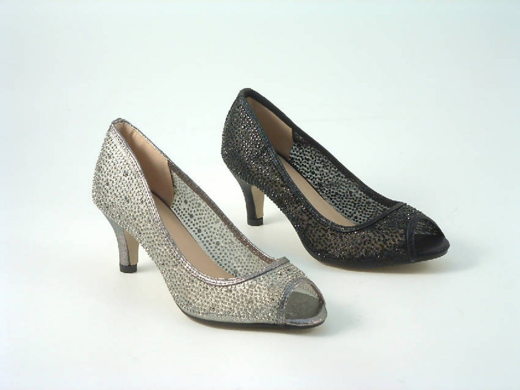 Glitz Shoes Diamante Mesh Peep Toe Court Shoe Low Mid Heel Glitz Shoes