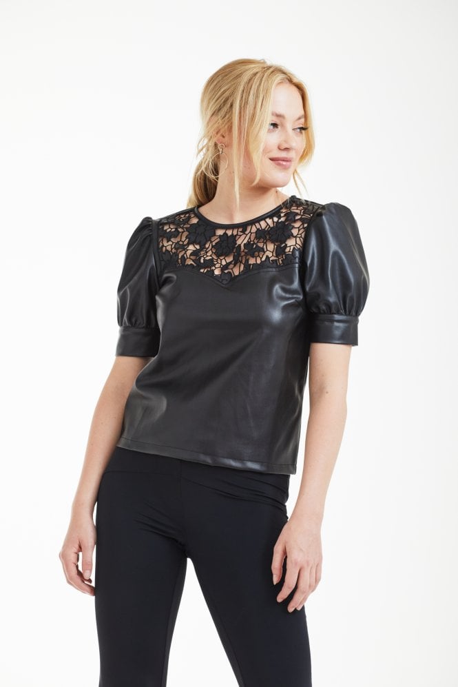 Black Vegan Leather Top With Embroidery Yoke Double Second