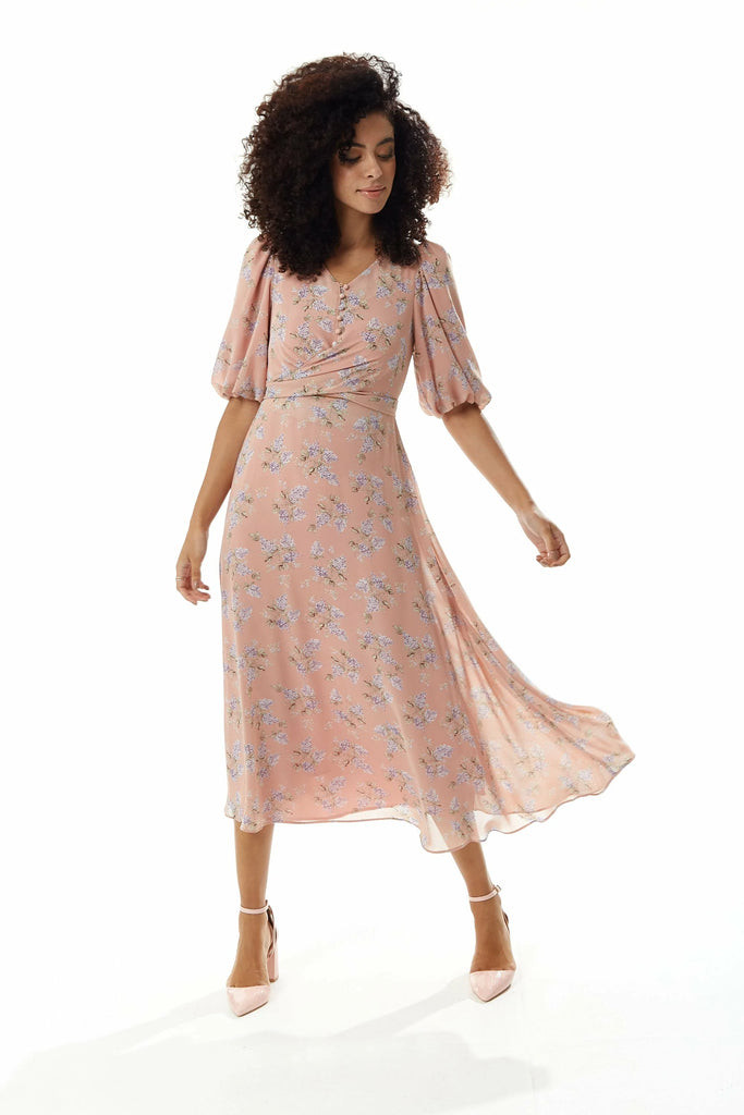 Floral Midi Dress With Tie Waist Liquorish