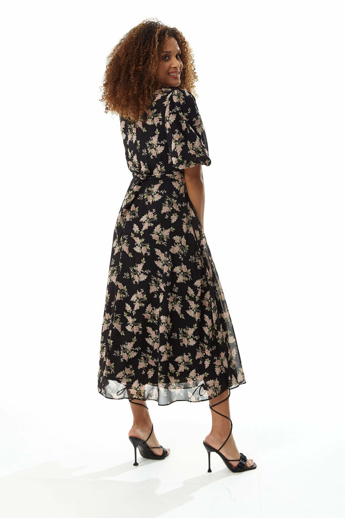Floral Midi Dress With Tie Waist Liquorish