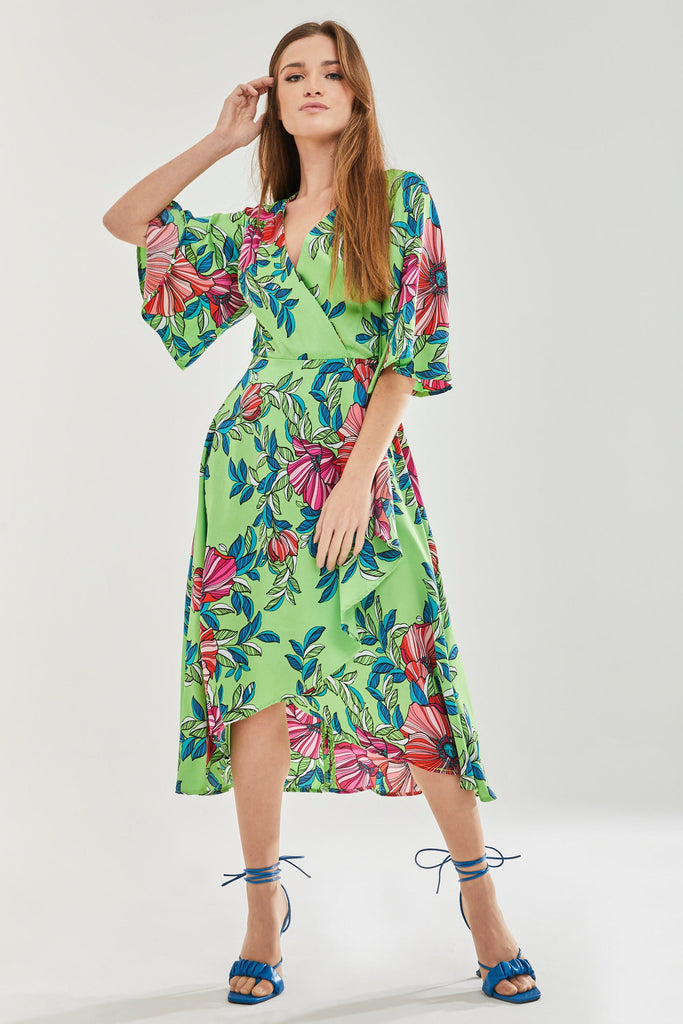 Green Floral Midi Wrap Dress Liquorish