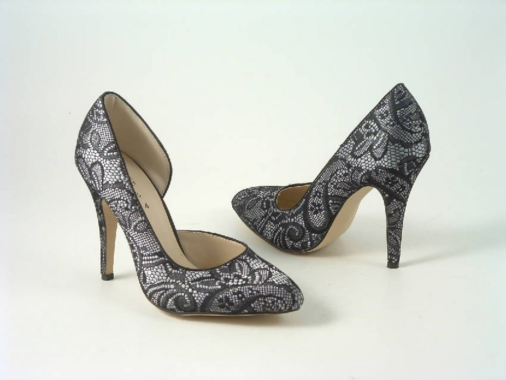 Glitz Shoes Lace Satin Open Waist High Heel Court Shoe Glitz Shoes
