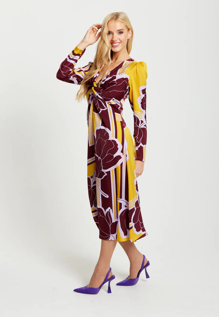 Geometric Floral Print Knotted Midi Dress Liquorish