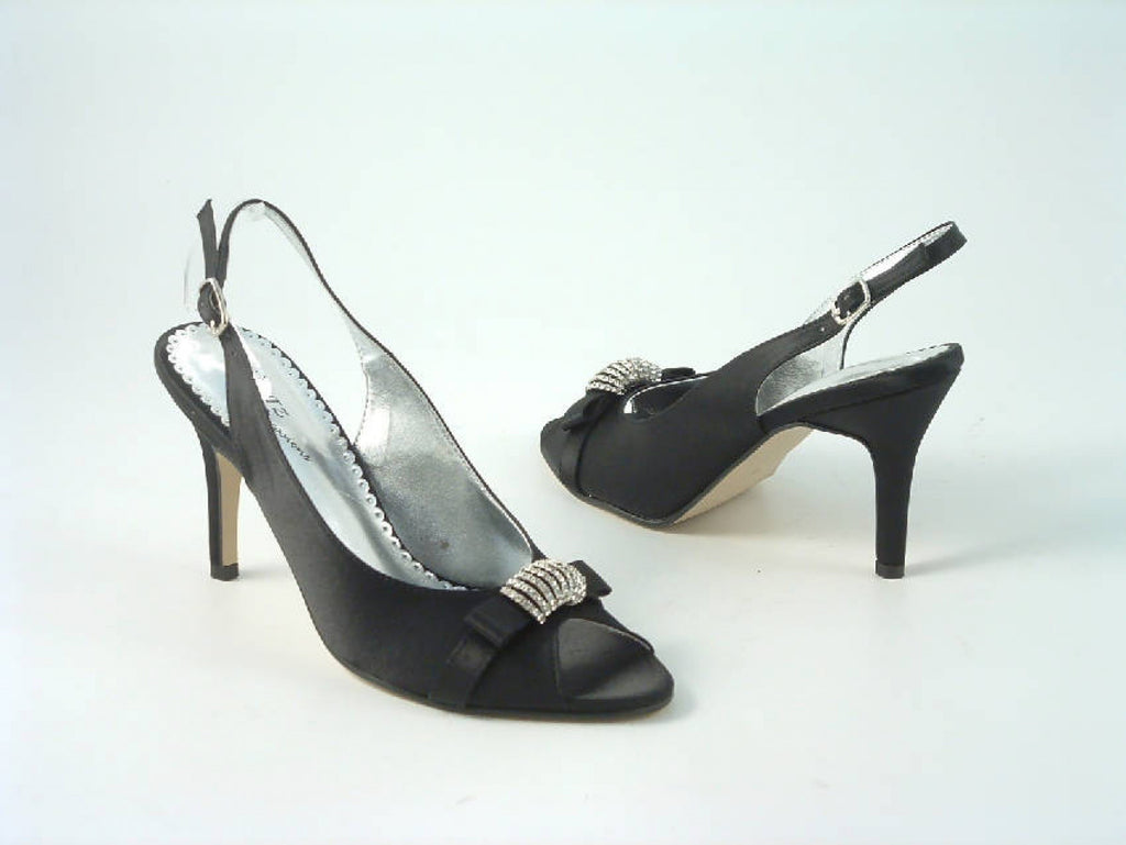 Glitz Shoes Diamante Black Satin Mid Heel Peep Toe Sling Back Shoe Glitz Shoes