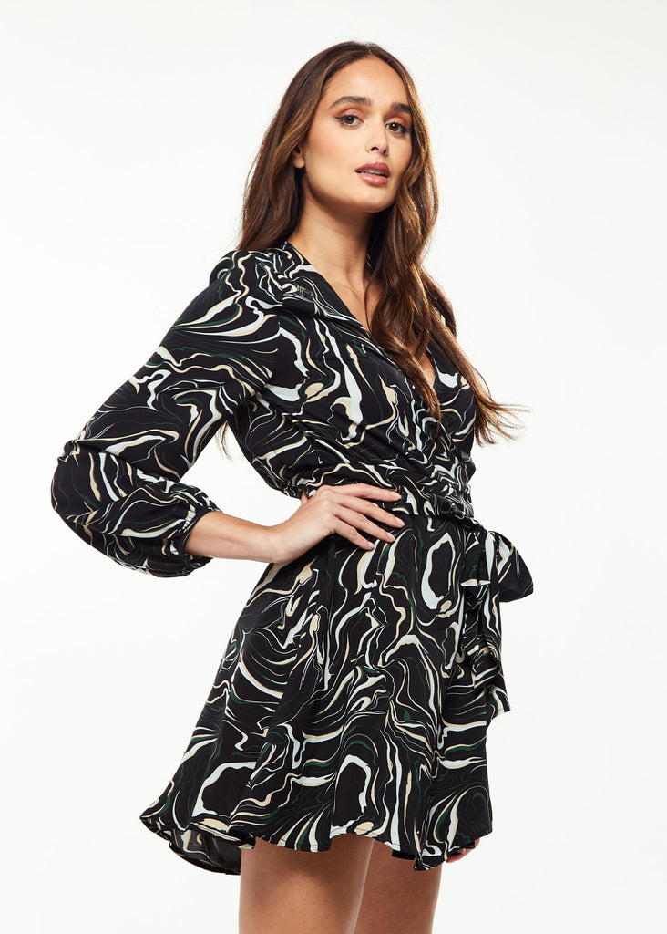 Scribble Print Mini Wrap Dress with Long sleeves Liquorish