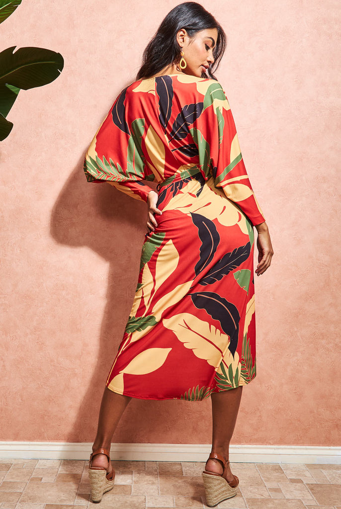 Printed Batwing Wrap Midi Dress Goddiva