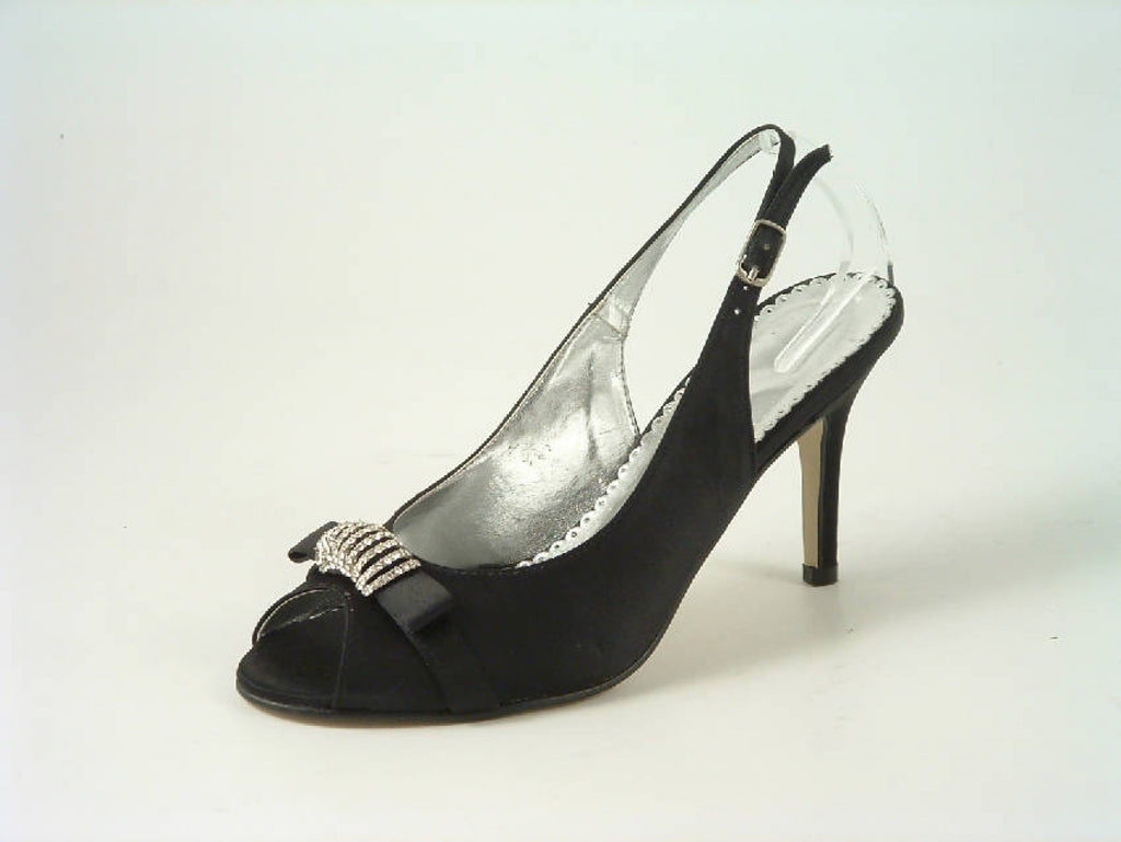 Glitz Shoes Diamante Black Satin Mid Heel Peep Toe Sling Back Shoe Glitz Shoes