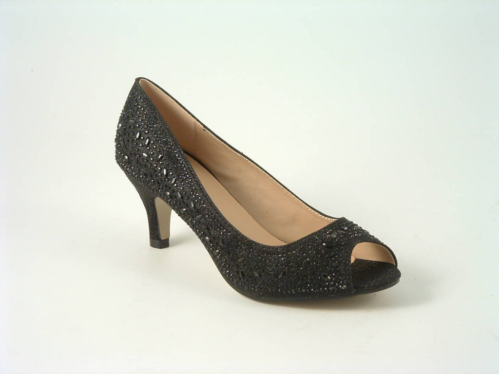 Glitz Shoes Divine Glitter Diamante Mid Heel Peep Toe Court Shoe Glitz Shoes