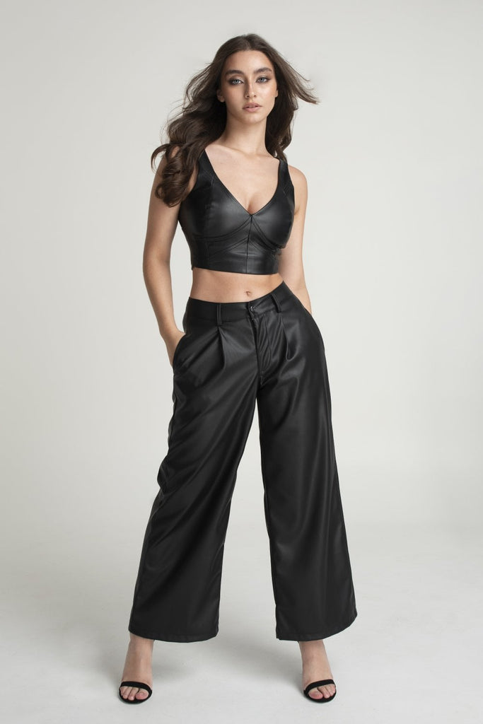 Black Vegan Leather Crop Top Double Second