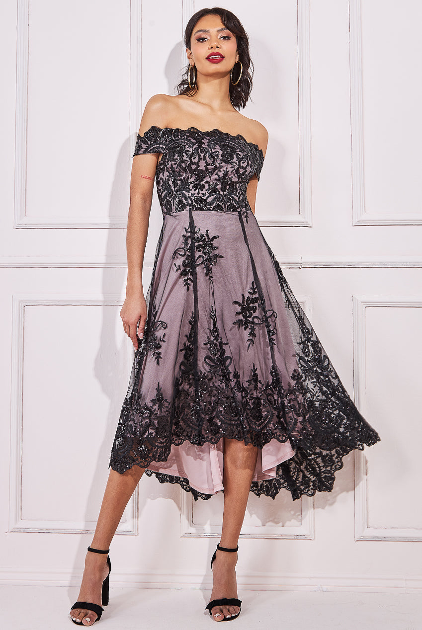 Goddiva off shoulder bardot placement lace maxi dress in blush and gold outlet