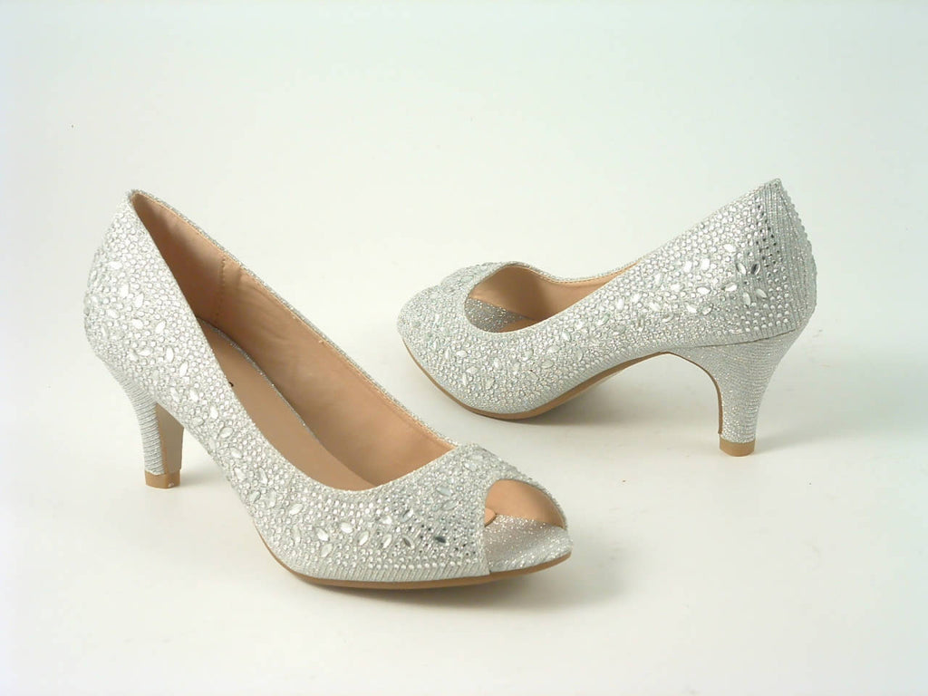 Glitz Shoes Divine Glitter Diamante Mid Heel Peep Toe Court Shoe Glitz Shoes