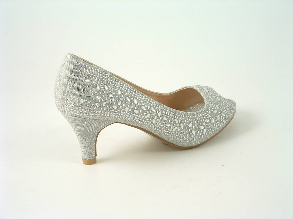 Glitz Shoes Divine Glitter Diamante Mid Heel Peep Toe Court Shoe Glitz Shoes