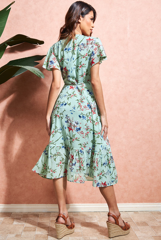 Wrap Flutter Sleeve Floral Midi Goddiva
