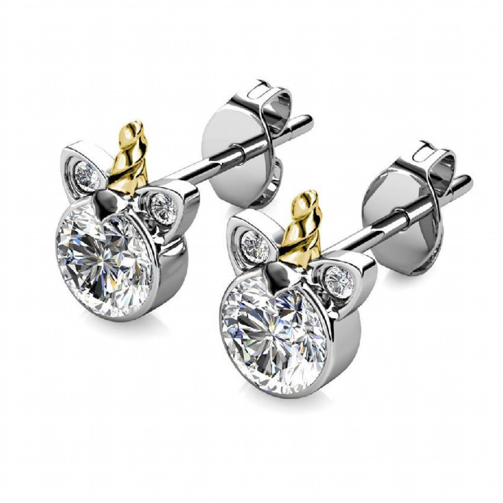 Stylacity Silver Unicorn Swarovski Crystal Stud Earrings With Gold Hor Stylacity