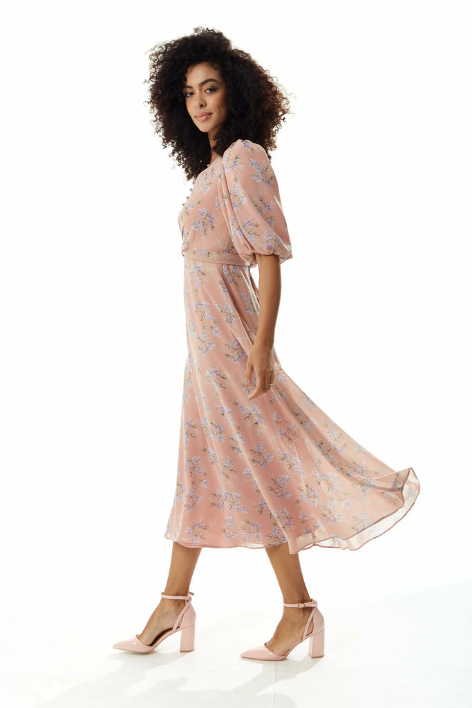 Floral Midi Dress With Tie Waist Liquorish