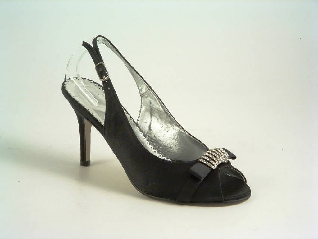 Glitz Shoes Diamante Black Satin Mid Heel Peep Toe Sling Back Shoe Glitz Shoes
