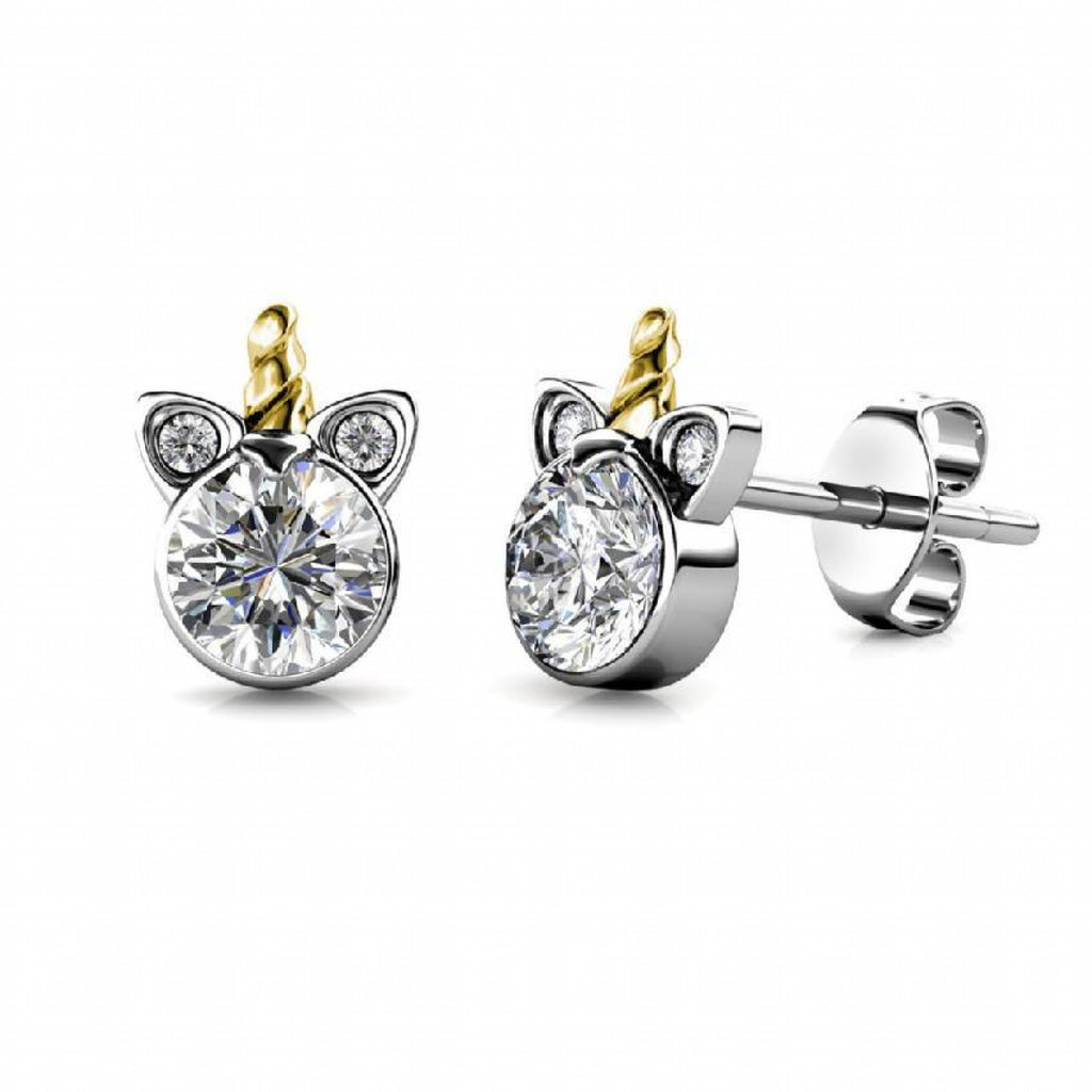 Stylacity Silver Unicorn Swarovski Crystal Stud Earrings With Gold Hor Stylacity