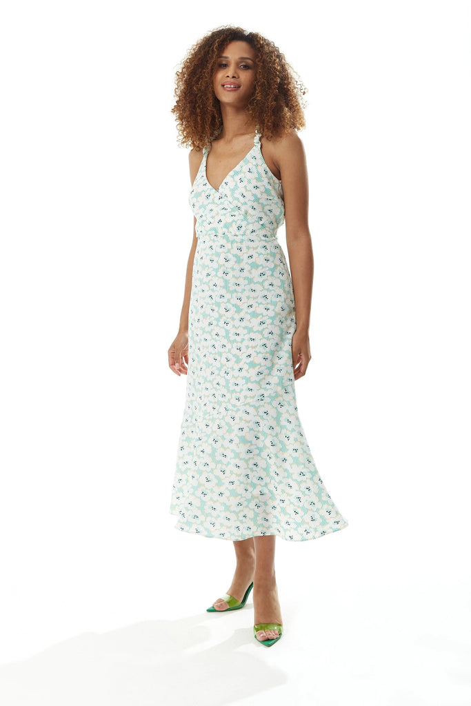 Green Floral Midi Dress With Open Back Liquorish
