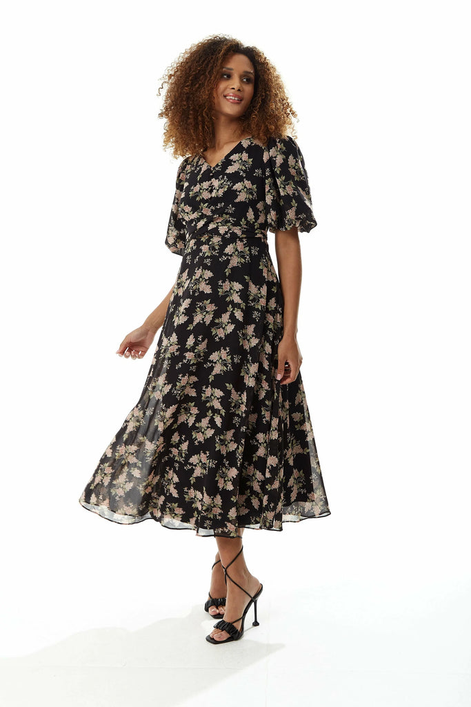 Floral Midi Dress With Tie Waist Liquorish