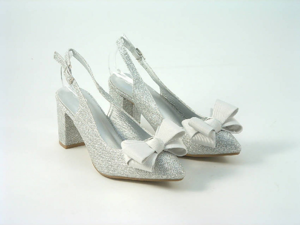 Glitz Shoes Glitter Bowed Sling Back Court Shoe With Block Heel Glitz Shoes