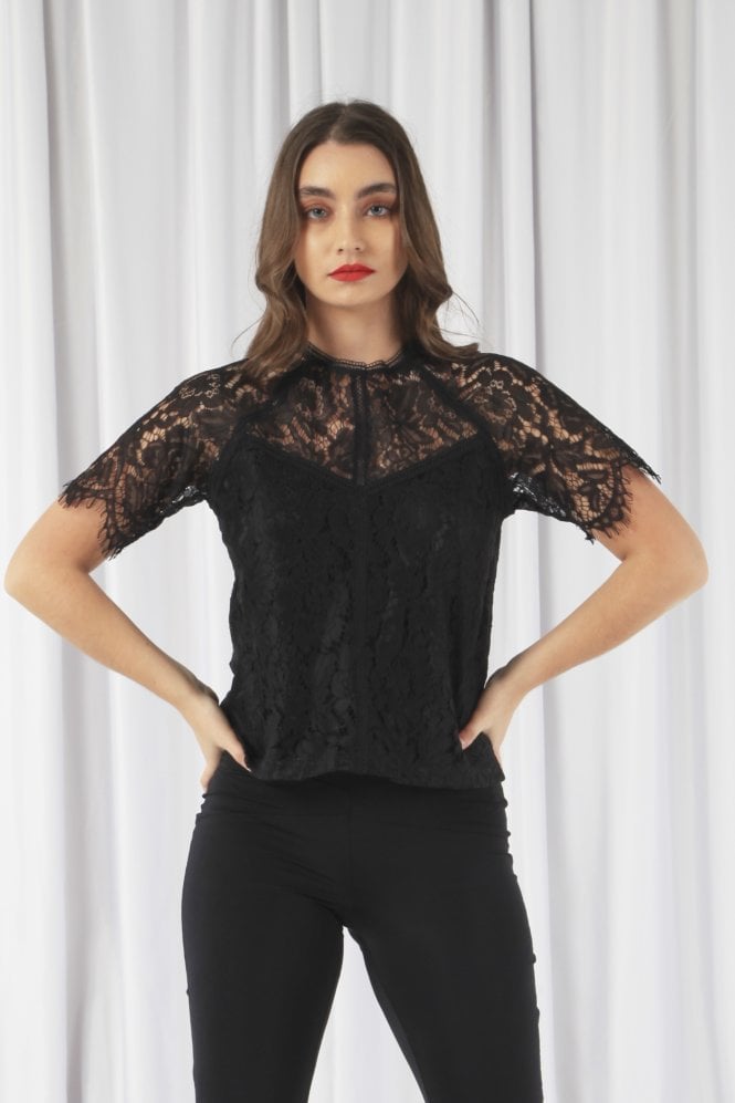 Black Raglan Sleeve Lace Top Double Second