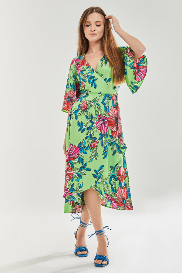 Green Floral Midi Wrap Dress Liquorish
