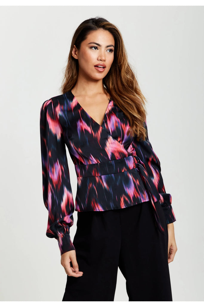 Abstract Feather Print Wrap Top In Black And Print Liquorish