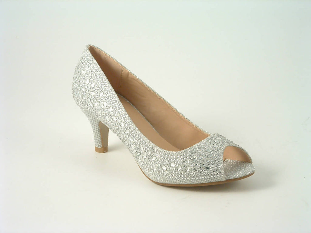 Glitz Shoes Divine Glitter Diamante Mid Heel Peep Toe Court Shoe Glitz Shoes