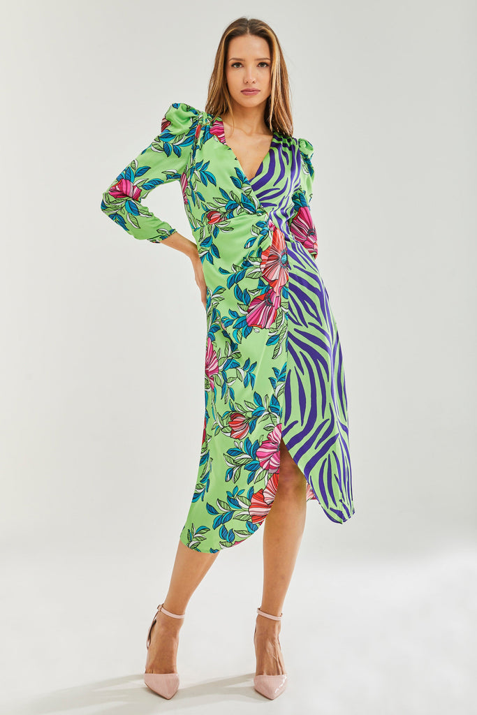 Floral Animal Contrast Print waist wrap midi dress Liquorish