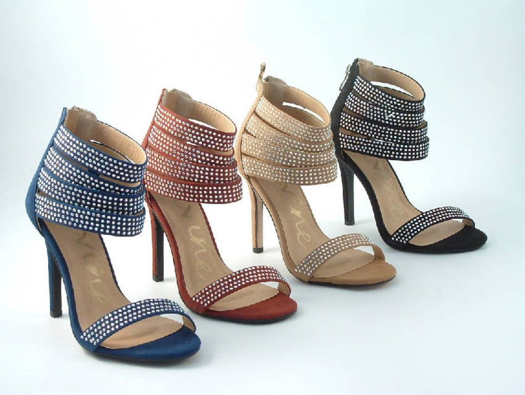 Glitz Shoes Diamante Faux Suede Strap Heeled Sandals Glitz Shoes