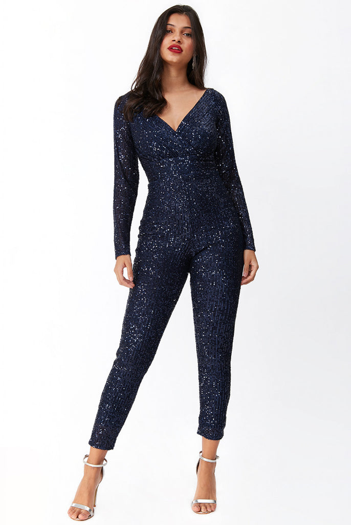 Goddiva Stripe Sequin Jumpsuit Goddiva