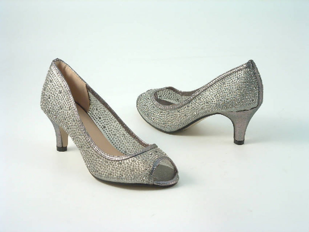 Glitz Shoes Diamante Mesh Peep Toe Court Shoe Low Mid Heel Glitz Shoes