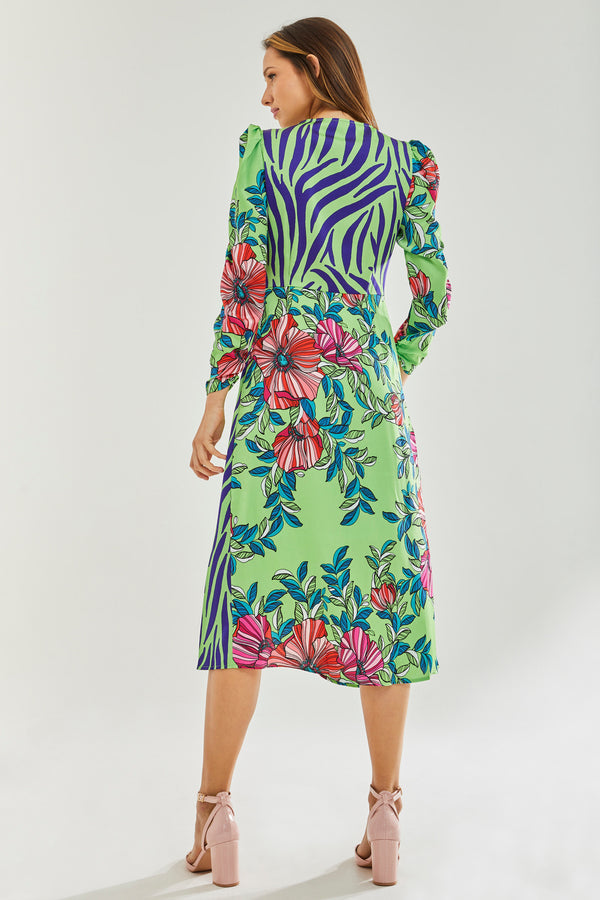 Floral Animal Contrast Print waist wrap midi dress Liquorish