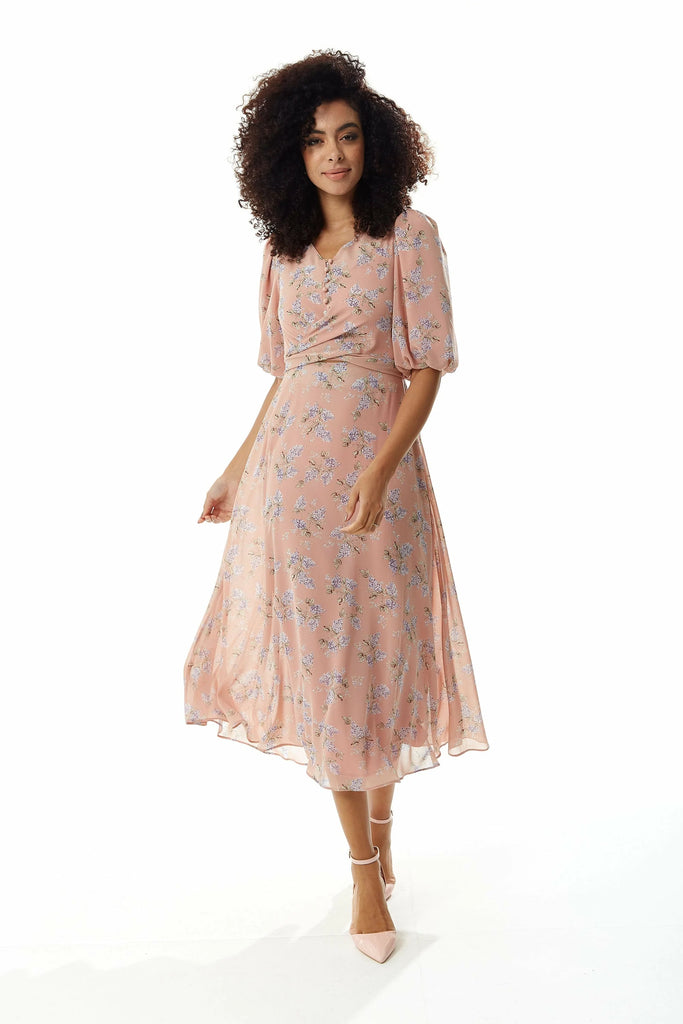Floral Midi Dress With Tie Waist Liquorish