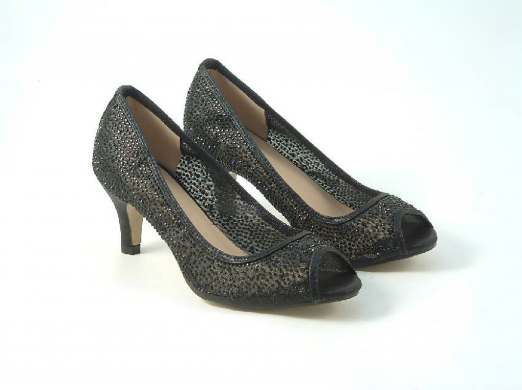 Glitz Shoes Diamante Mesh Peep Toe Court Shoe Low Mid Heel Glitz Shoes