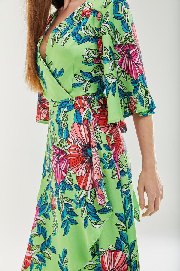 Green Floral Midi Wrap Dress Liquorish