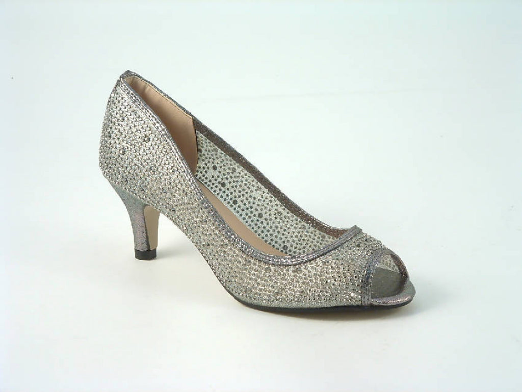Glitz Shoes Diamante Mesh Peep Toe Court Shoe Low Mid Heel Glitz Shoes