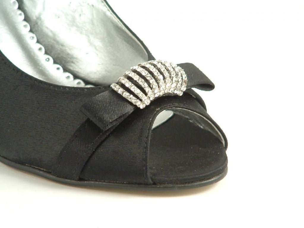 Glitz Shoes Diamante Black Satin Mid Heel Peep Toe Sling Back Shoe Glitz Shoes
